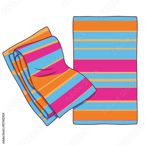 Colorful striped beach towels folded and laid out together  