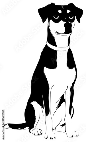 Black and white illustration. Depicts a sitting dog.