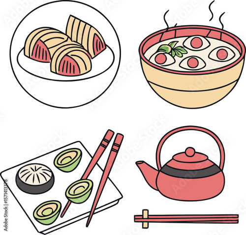 stylized icon set of traditional Asian food items.
