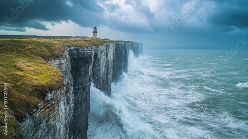 Dramatic Coastal Landscape with Cliffs and Lighthouse Under Stormy Sky and Rough Ocean Waves at Dusk