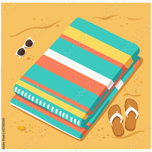 Colorful beach towels and sandals on sandy surface with sunglasses  