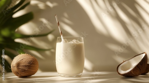 Refreshing Glass of Coconut Milk with Ice and Straw Surrounded by Fresh Coconuts and Tropical Leaves in Soft Natural Light