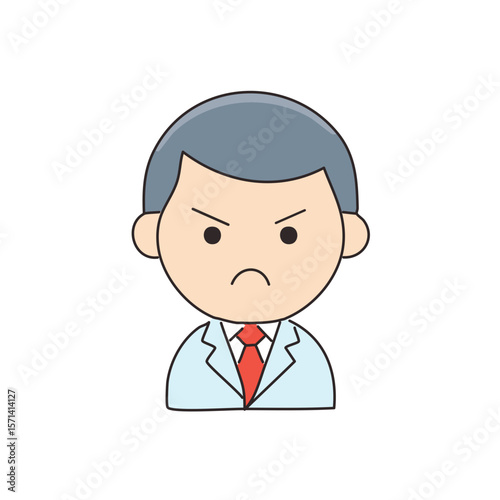A stern man with a red tie, displaying a frown. He seems displeased, possibly angry.
