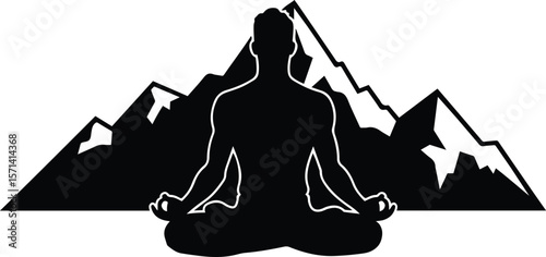 Silhouette of a person meditating in front of mountain landscape, vector illustration