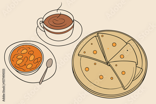 Illustration of a cup of coffee, a bowl of soup with spoon, and a plate of sliced flatbread