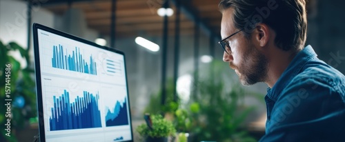 The professional analyzing data and statistics in a modern office environment.