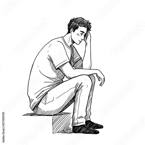 Young man feeling sad sitting on a curb in a minimalistic style copy space