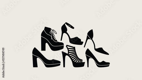 A collection of black silhouette fashion shoes including high heels and boots on a white background