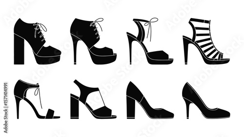 A collection of eight black silhouette high heel shoes in various styles on a white background