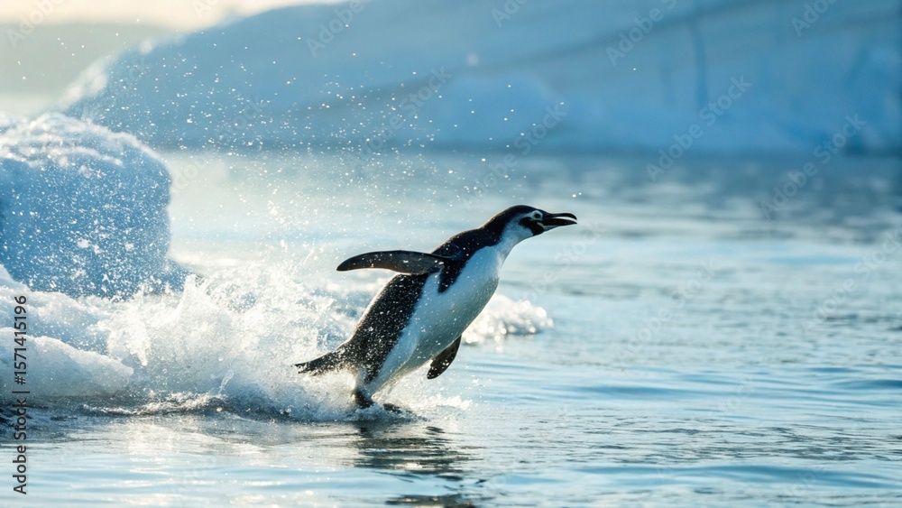 Obraz premium A lively Chinstrap penguin makes a dynamic leap from the icy water onto a snow-covered iceberg, creating a dramatic splash. This vibrant image perfectly captures the energy