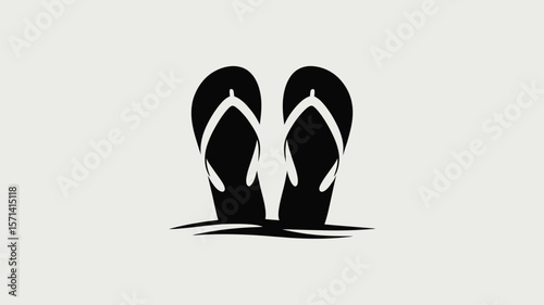 A minimalist graphic of two black flip flops on a light background in a simple and clean style