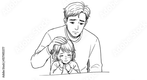 Father comforting his crying daughter with a gentle touch in a minimalistic style copy space
