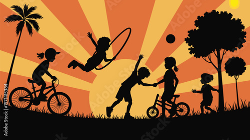 Silhouette of children playing outdoors with bicycles, a hoop, and a ball against a sunset background
