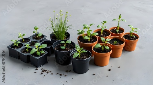Flat lay of young green plants and seedlings in pots, perfect for spring gardening, growth, and eco-friendly concepts.