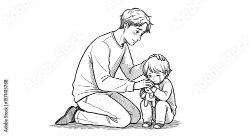 Father kneeling down comforting his crying son with a toy in a minimalistic style copy space