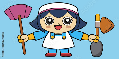 Funny cartoon vector illustration of a smiling little girl character with a shovel and a broom