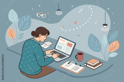 Lo-fi vector art student typing on laptop surrounded by books, coffee, studying late at night.