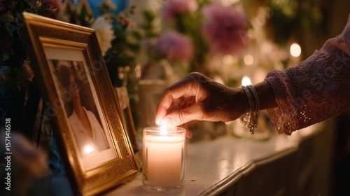 Candle lighting ceremony honoring a loved one in a tranquil setting with flowers and framed memories