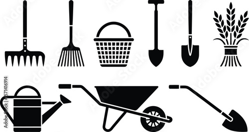 Gardening Tools Icons Rakes, Shovels, Wheelbarrow, and More
