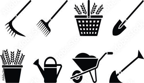 Gardening Tools Icons  Rake, Shovel, Wheelbarrow, and More
