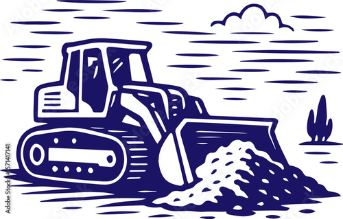 Bulldozer pushing soil in vintage line art style outdoors