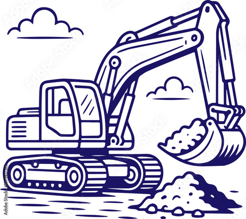 Excavator lifting soil in vintage line art style outdoors