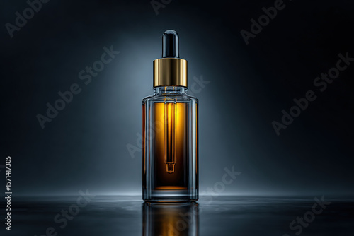 Realistic serum bottle with sleek design, featuring dropper and golden cap, illuminated against dark background, evokes sense of luxury and elegance
