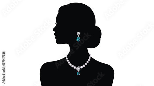 Silhouette of a woman wearing jewelry with pearl necklace and teardrop shaped aquamarine gems