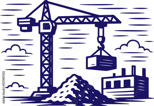 Tower crane lifting load in vintage line art style