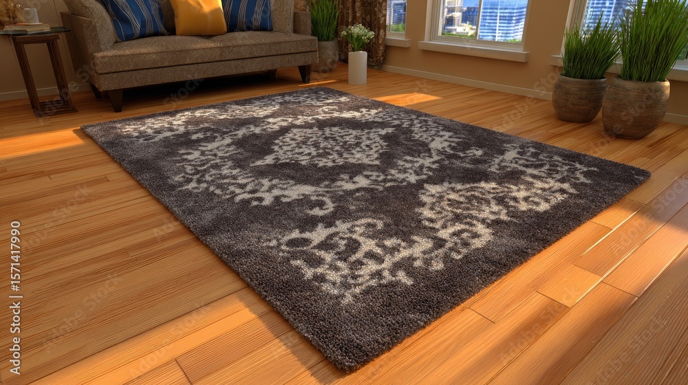 Fototapeta premium Modern living room with abstract grey area rug, stylish sofa, and warm lighting in inviting space featuring plants and wooden floor