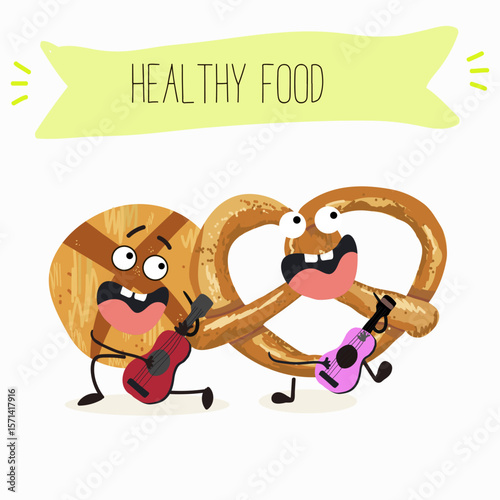 Baked food funny characters, hand drawn vector illustration.