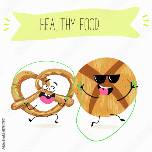 Baked food funny characters, hand drawn vector illustration.