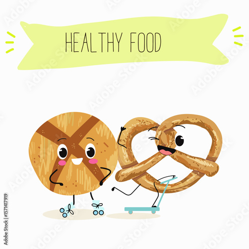 Baked food funny characters, hand drawn vector illustration.