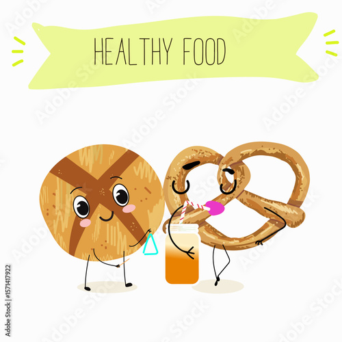 Baked food funny characters, hand drawn vector illustration.