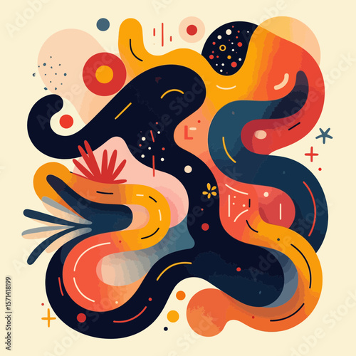 Colorful abstract doodle vector illustration Modern art composition with organic shapes lines and dots for a creative background design