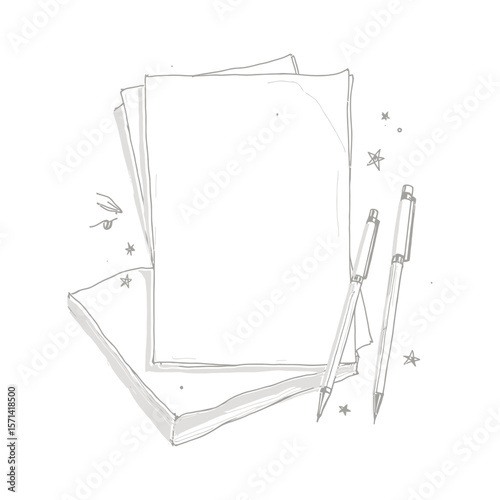 Vector silhouette sketch of blank paper and pens Minimalist line art illustration for writing drawing or study concepts with copy space
