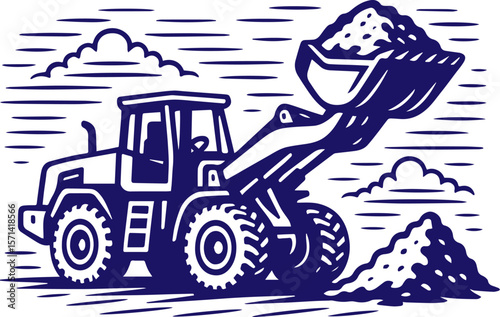 Front loader moving dirt in vintage line art illustration