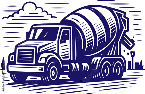 Cement mixer truck in vintage line art illustration