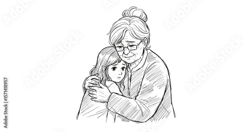 Grandmother comforting her sad granddaughter in a warm embrace in a minimalistic style copy space