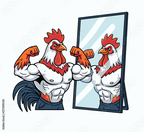 Muscular Rooster Flexing Biceps in Front of a Mirror