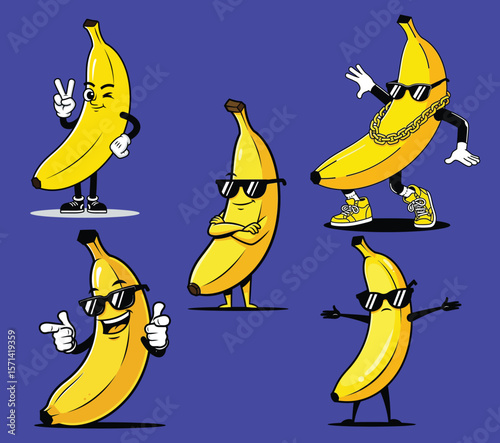 Cool Banana Character Mascot Set in Various Poses