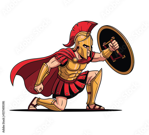Kneeling Spartan Warrior with Shield and Helmet Mascot