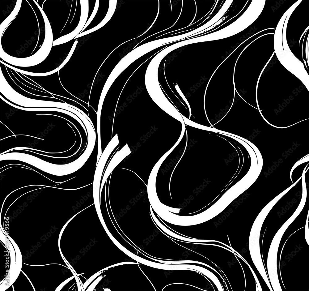 Fototapeta premium Abstract Swirling Lines: A bold monochrome illustration features dynamic, flowing white lines against a stark black background, creating a visually striking and energetic pattern.