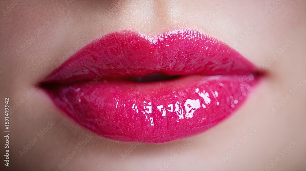Obraz premium Glossy lipstick enhances beautiful lips in close-up shot perfect for beauty marketing and cosmetic promotion in beauty industry settings