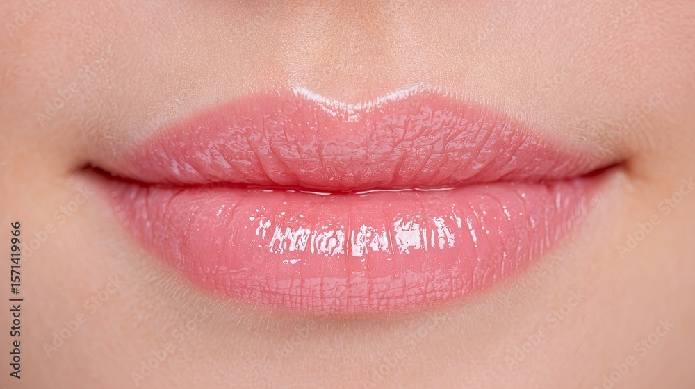 Fototapeta premium Glossy lipstick enhances beautiful lips in close-up shot perfect for beauty marketing and cosmetic promotion in beauty industry settings