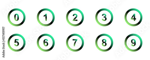 Isolate set of round button numbers 0-9 in gradient green black on white background.