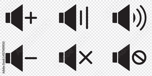 Sound icon, volume symbol. flat style speaker, sound, volume icon set vector symbol, low and high level and mute volume speaker icon for web and apps. Speaker icon set with ring, mute icon.