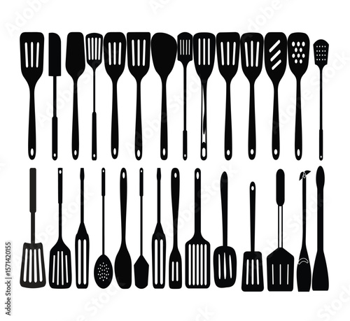 Vector Silhouettes of Cooking Utensils – Spatulas, Ladles, Slotted Spoons, and Turners on White Background
