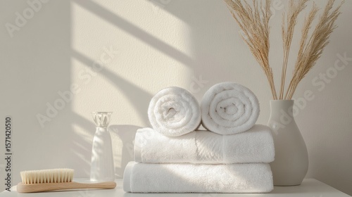 Rolled white towels stacked on a surface.