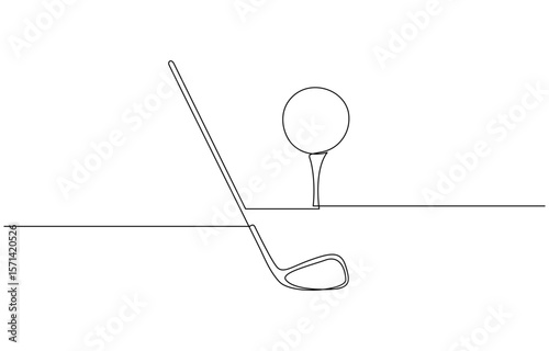 Single line drawing of a golf stick and ball. Represents precision, relaxation, and professional golf sport. Golf putter continuous one line drawing, Golf line icon.